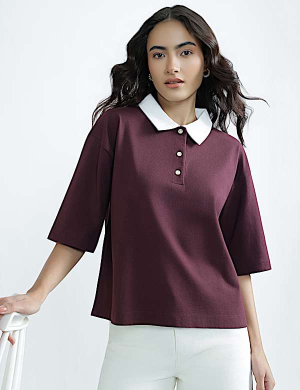 Pure Cotton Polo Neck Plain T-Shirt