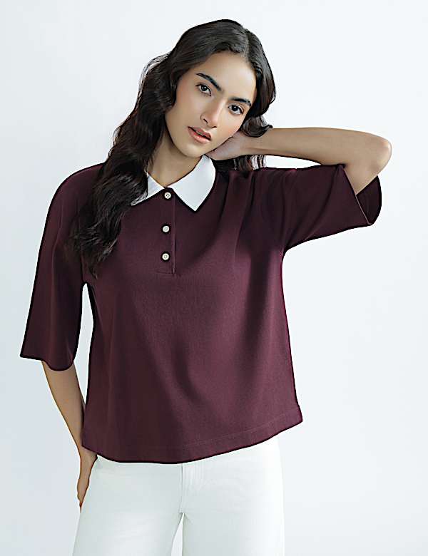 Pure Cotton Polo Neck Plain T-Shirt
