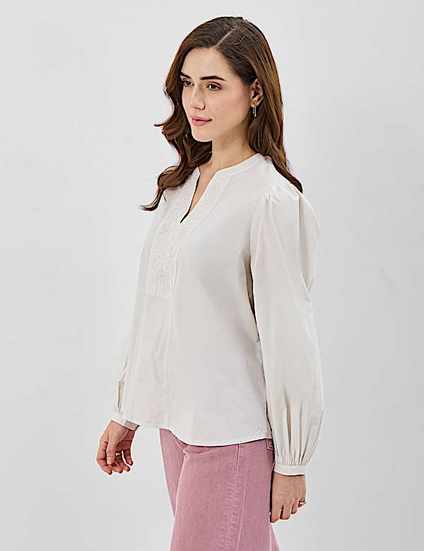 Pure Cotton Embroidered Balloon Sleeve Top