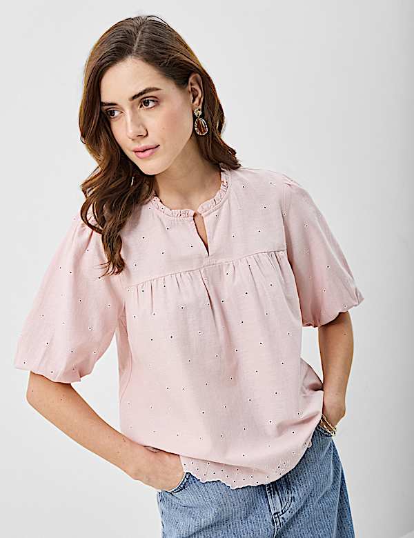 Cotton-Rich Embroidered Balloon Sleeve Top