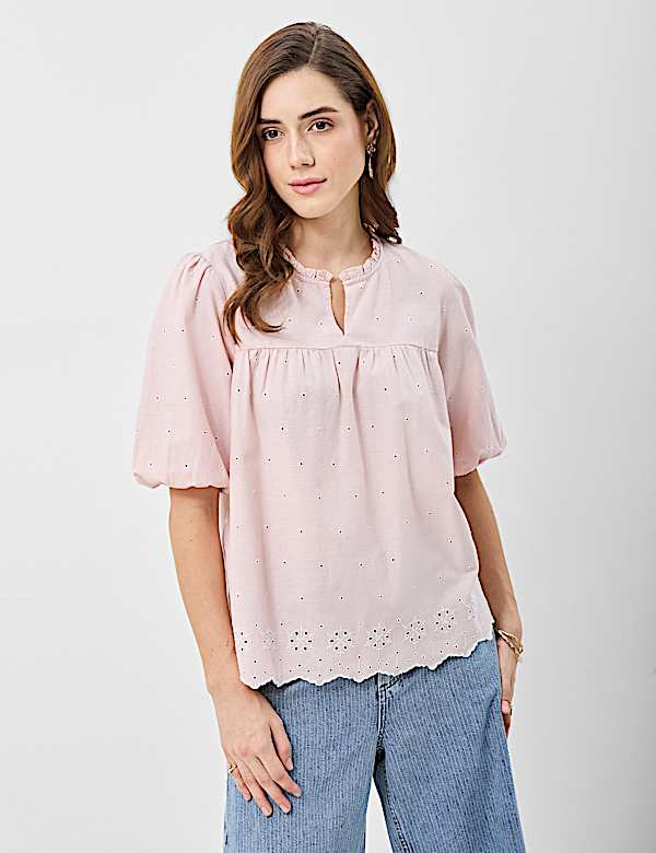 Cotton-Rich Embroidered Balloon Sleeve Top