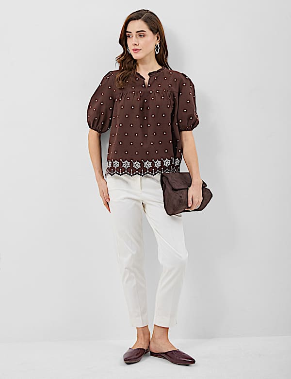 Cotton-Rich Embroidered Balloon Sleeve Top