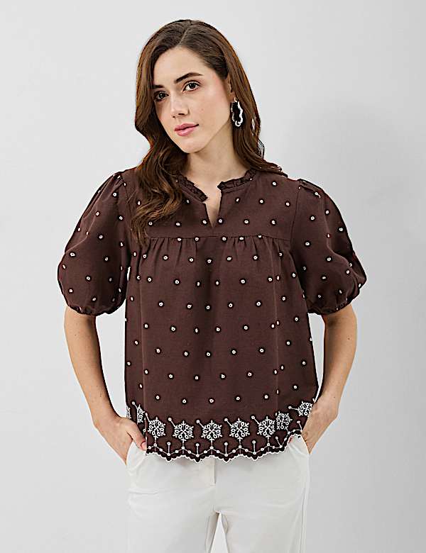 Cotton-Rich Embroidered Balloon Sleeve Top