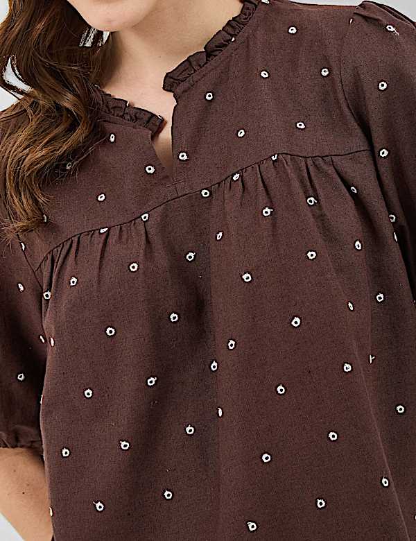 Cotton-Rich Embroidered Balloon Sleeve Top