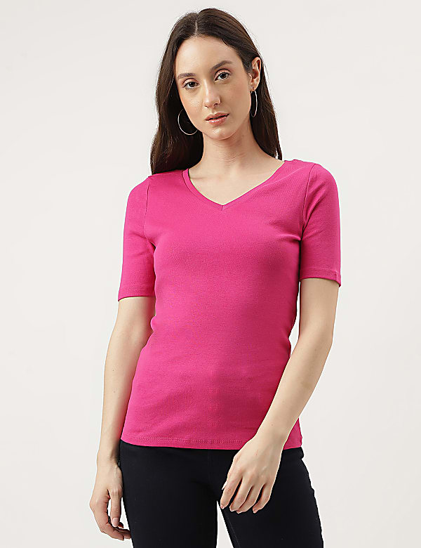 Pure Cotton Solid V-Neck T-Shirt