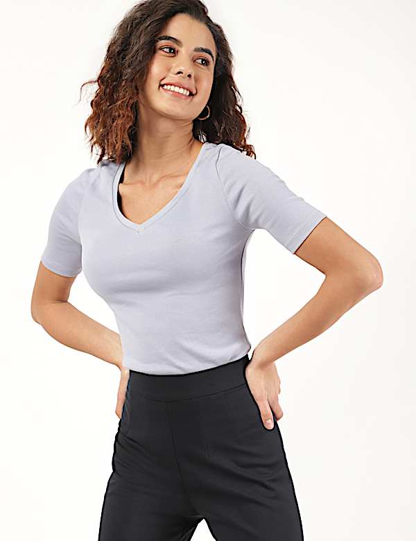 Pure Cotton Solid V-Neck T-Shirt