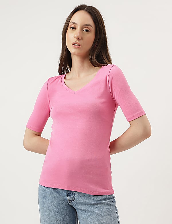 Pure Cotton Solid V-Neck T-Shirt