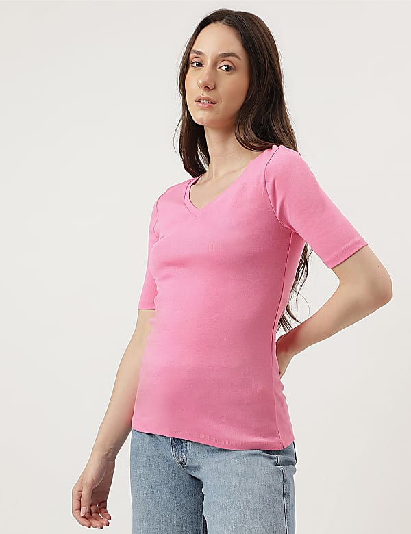 Pure Cotton Solid V-Neck T-Shirt