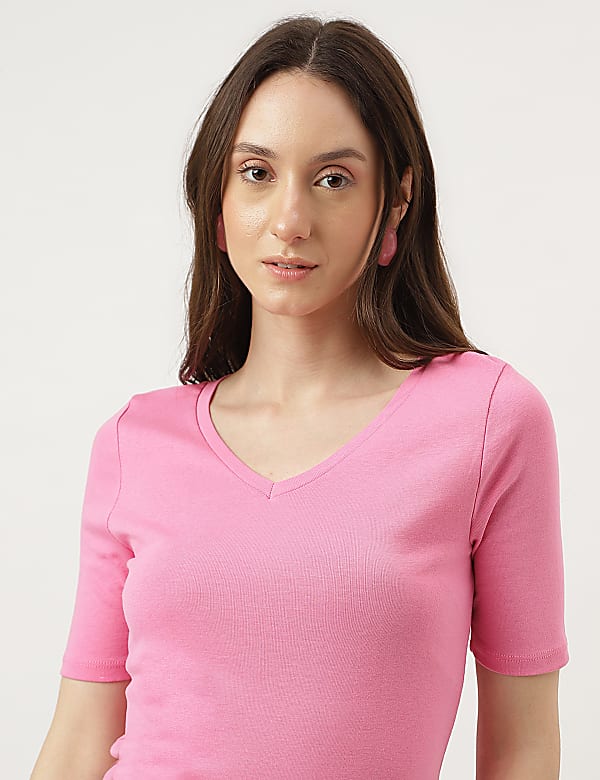 Pure Cotton Solid V-Neck T-Shirt