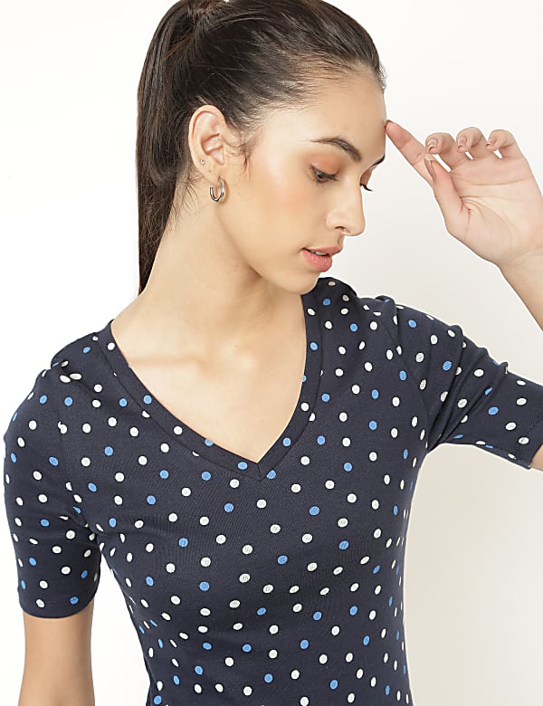 Pure Cotton Polka Dot V-Neck Tee