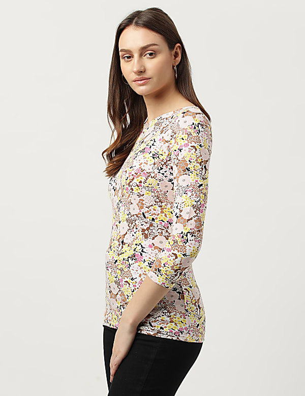 Cotton Mix Floral Printed Boat Neck T-Shirt
