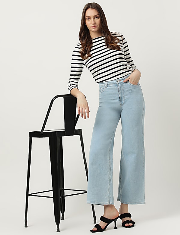 Cotton Mix Striped Boat Neck T-Shirt