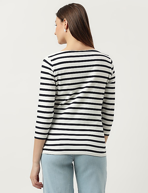 Cotton Mix Striped Boat Neck T-Shirt