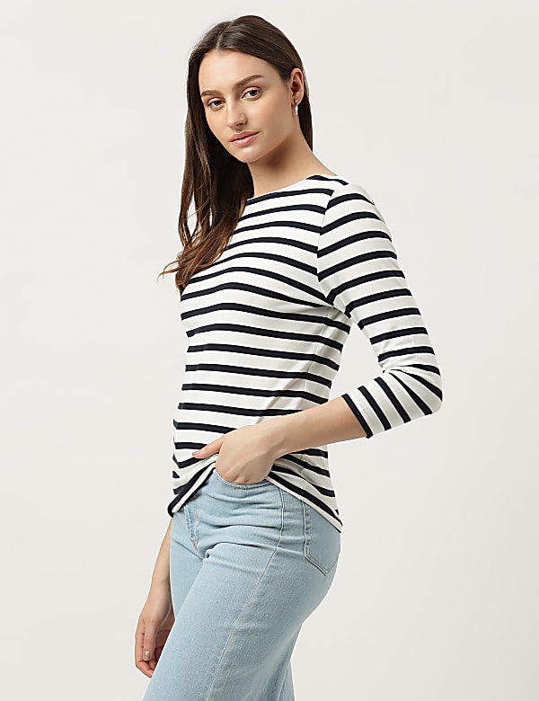 Cotton Mix Striped Boat Neck T-Shirt