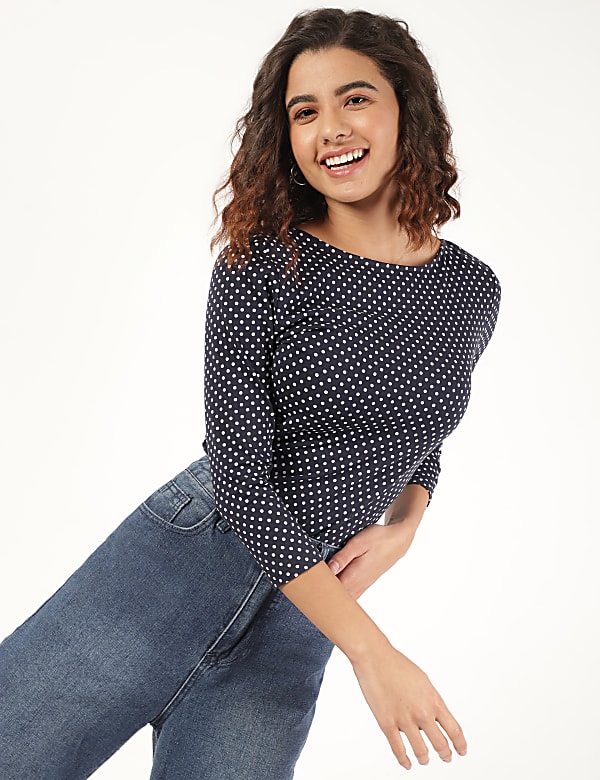 Cotton Mix Polka Dots Round Neck Tee