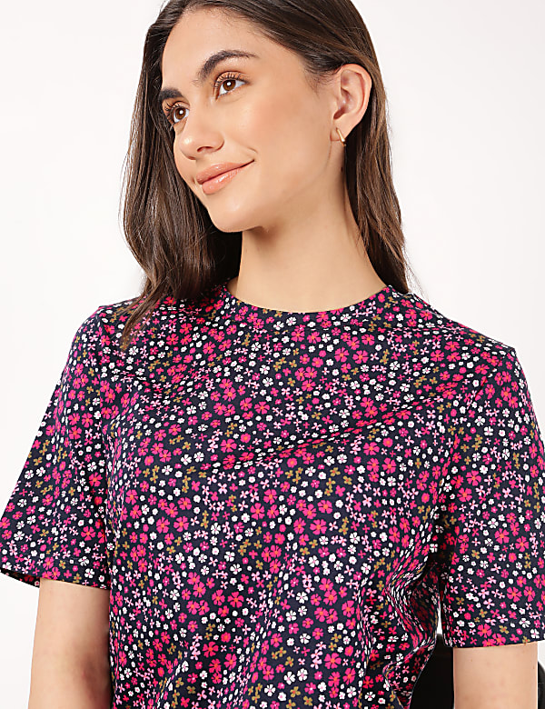 Pure Cotton Floral Print Crew Neck T-shirt