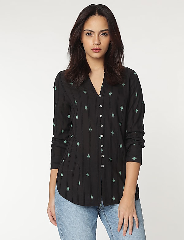 Pure Cotton Mandarin Collar Textured Top
