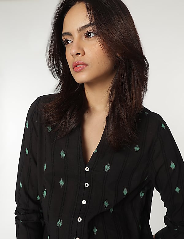 Pure Cotton Mandarin Collar Textured Top