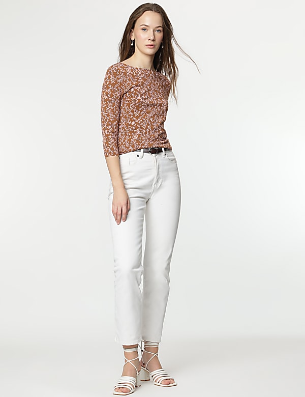 Cotton Rich Leaf Print 3/4 Sleeves T-Shirt