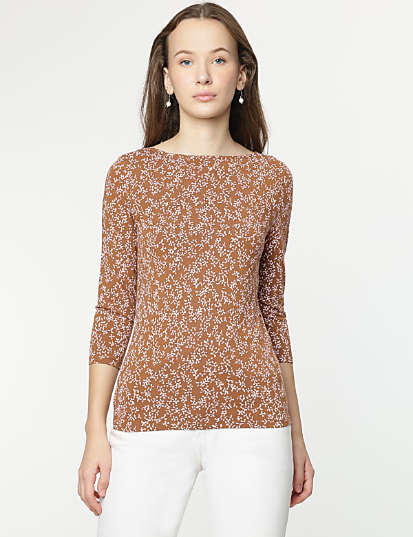 Cotton Rich Leaf Print 3/4 Sleeves T-Shirt