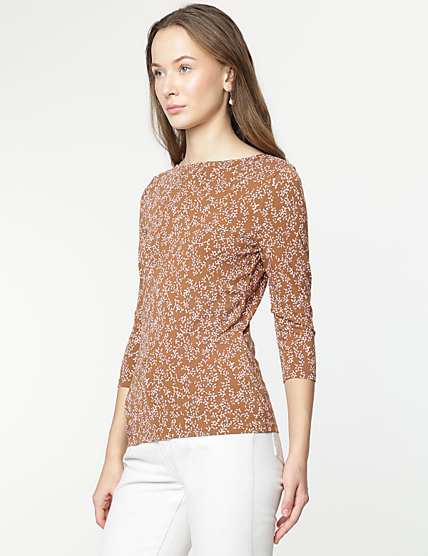 Cotton Rich Leaf Print 3/4 Sleeves T-Shirt