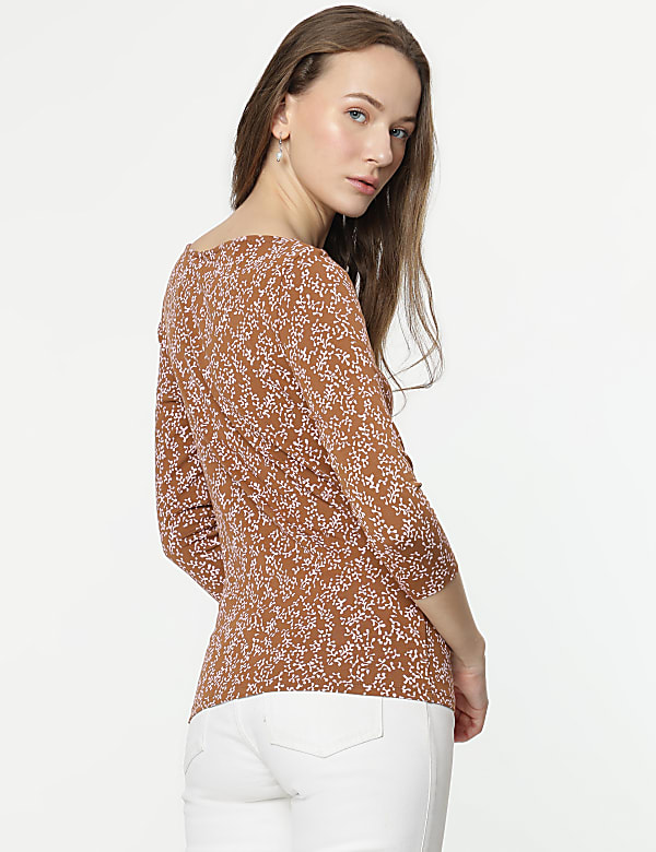Cotton Rich Leaf Print 3/4 Sleeves T-Shirt