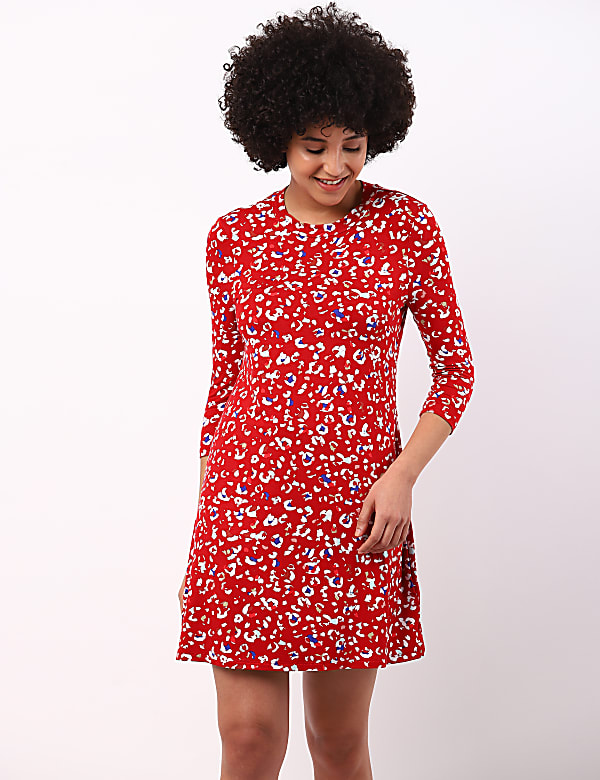 Viscose Elastane Printed Red Mix Round Neck Dress