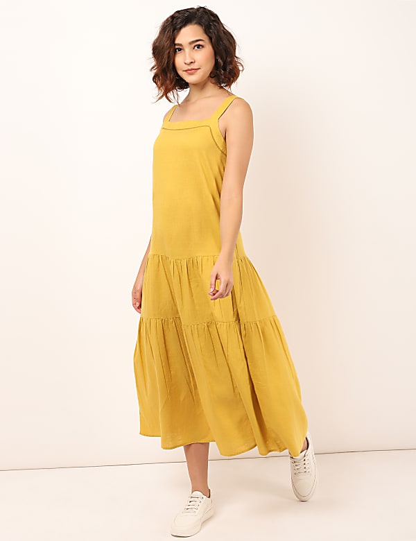 Linen Mix Plain Square Neck Dress