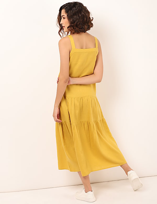 Linen Mix Plain Square Neck Dress