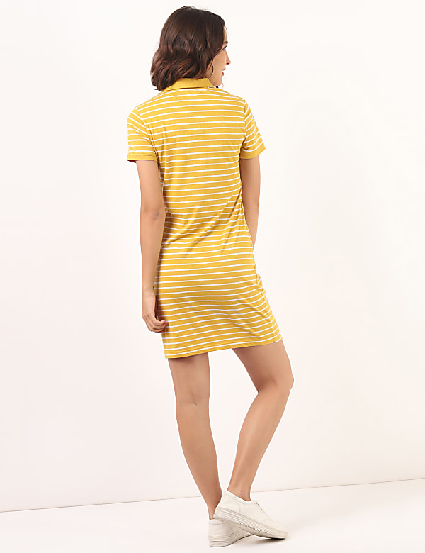 Cotton Mix Polo Neck Stripe Dress
