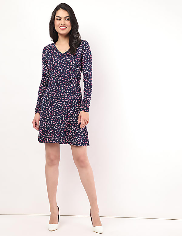 Viscose Mix Printed V-Neck Dress