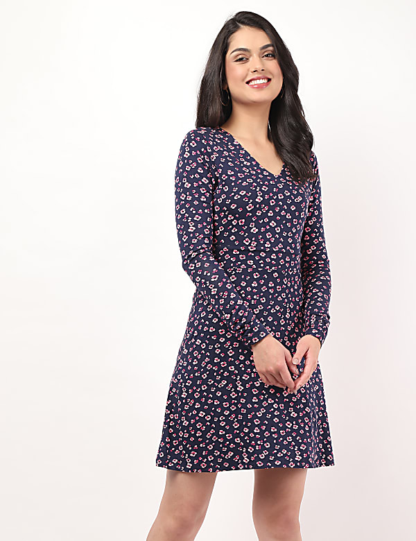 Viscose Mix Printed V-Neck Dress