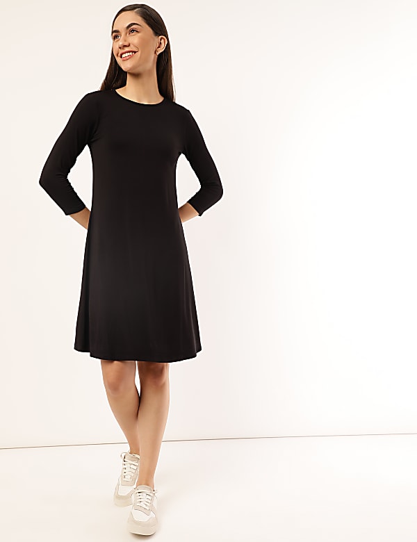 Viscose Mix Plain Round Neck Dress