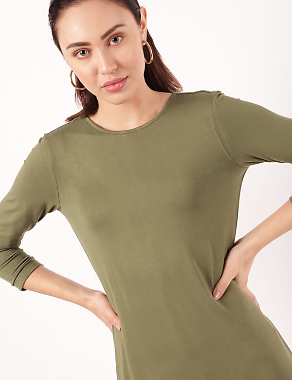 Viscose Mix Plain Round Neck Dress