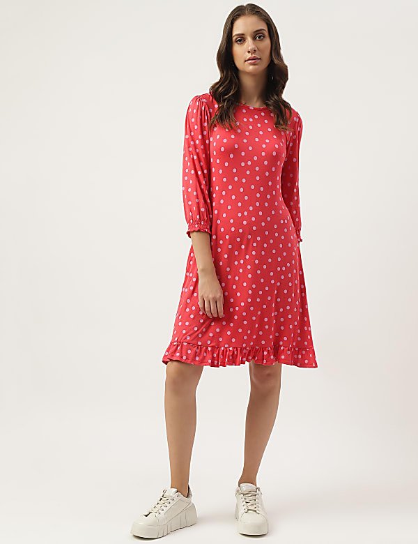 Printed Polka Dots Bottom Ruffle Midi Dress