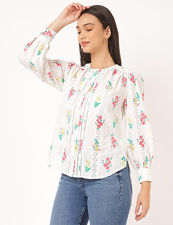 Pure Cotton Floral Round Neck Top