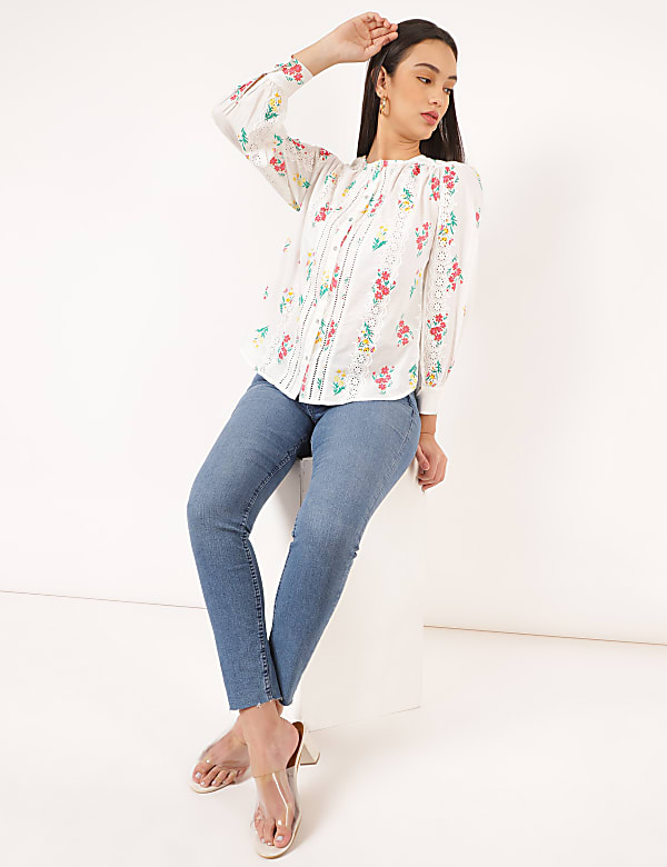 Pure Cotton Floral Round Neck Top