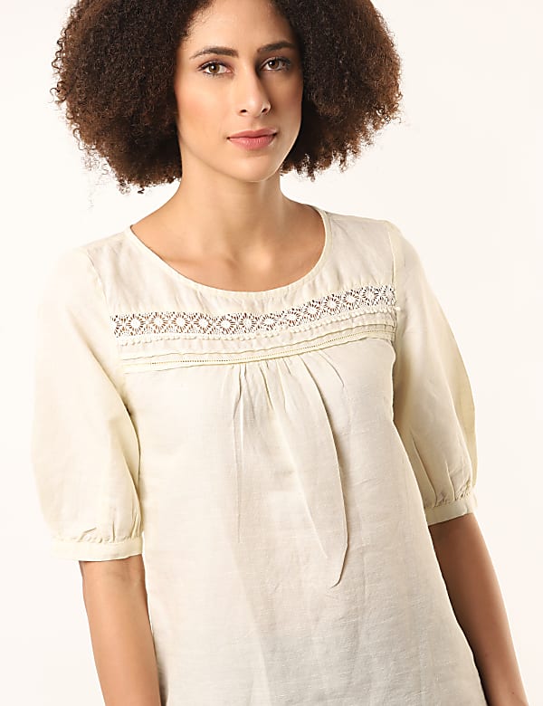 Flax Linen Mix Lace Round Neck Top