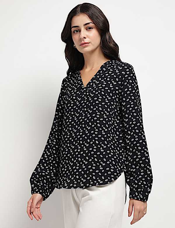 Floral V-Neck Blouson Top