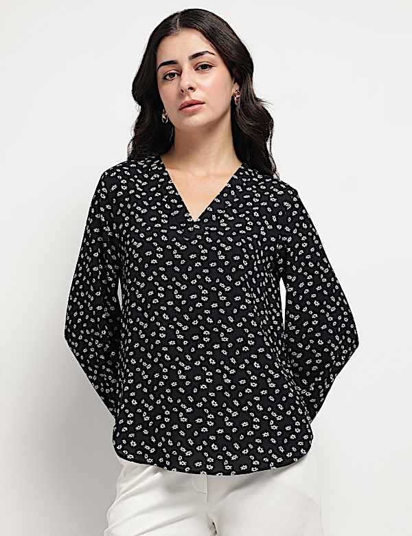 Floral V-Neck Blouson Top