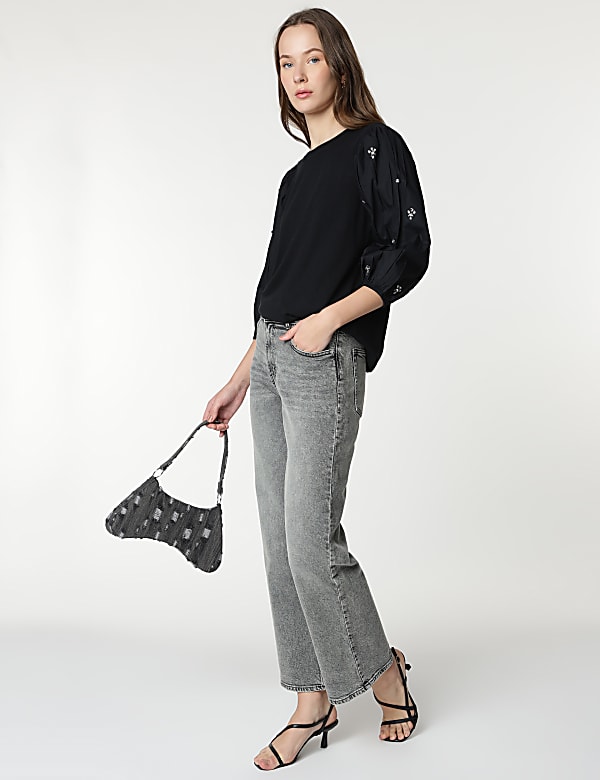 Cotton Rich Embellished 3/4 Sleeves Top