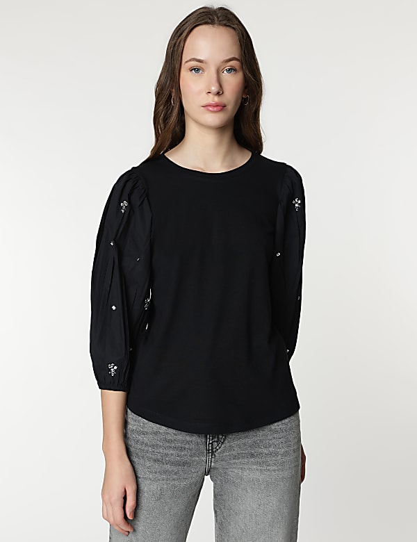 Cotton Rich Embellished 3/4 Sleeves Top