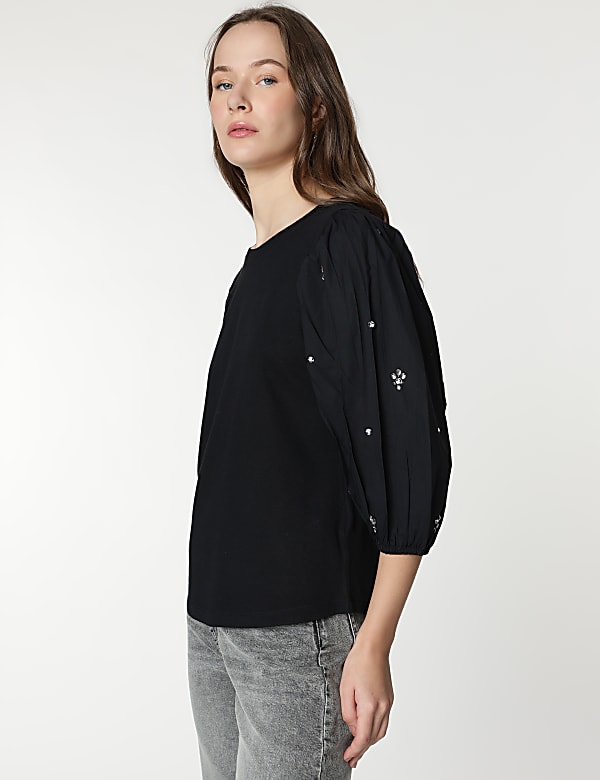Cotton Rich Embellished 3/4 Sleeves Top