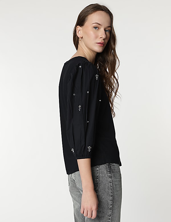 Cotton Rich Embellished 3/4 Sleeves Top