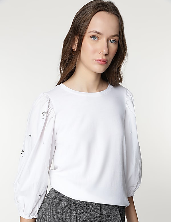 Cotton Rich Embellished 3/4 Sleeves Top