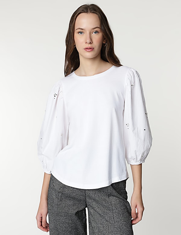 Cotton Rich Embellished 3/4 Sleeves Top