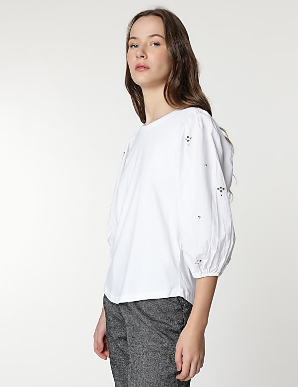 Cotton Rich Embellished 3/4 Sleeves Top