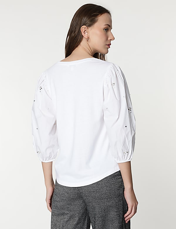 Cotton Rich Embellished 3/4 Sleeves Top