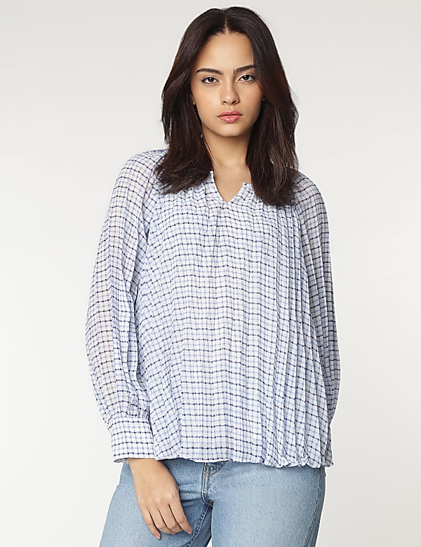 V-Neck Checked Blouse