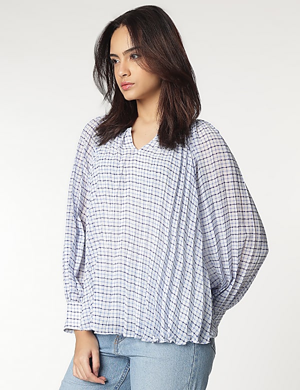 V-Neck Checked Blouse
